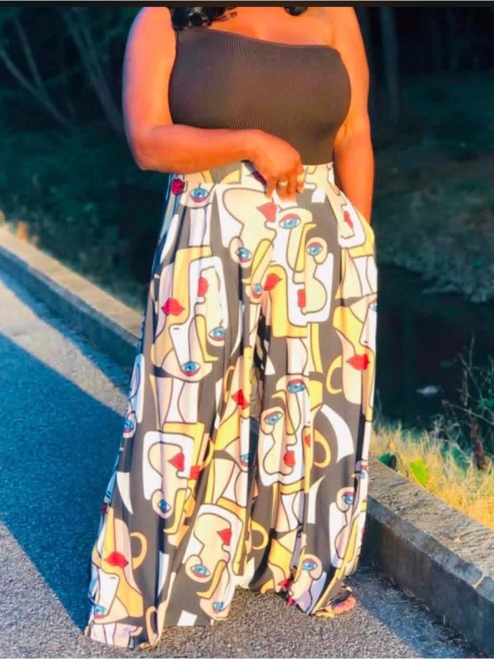 Abstract Print Wide-Leg Palazzo Pants - Black Multi One Fits All Elastic Waist